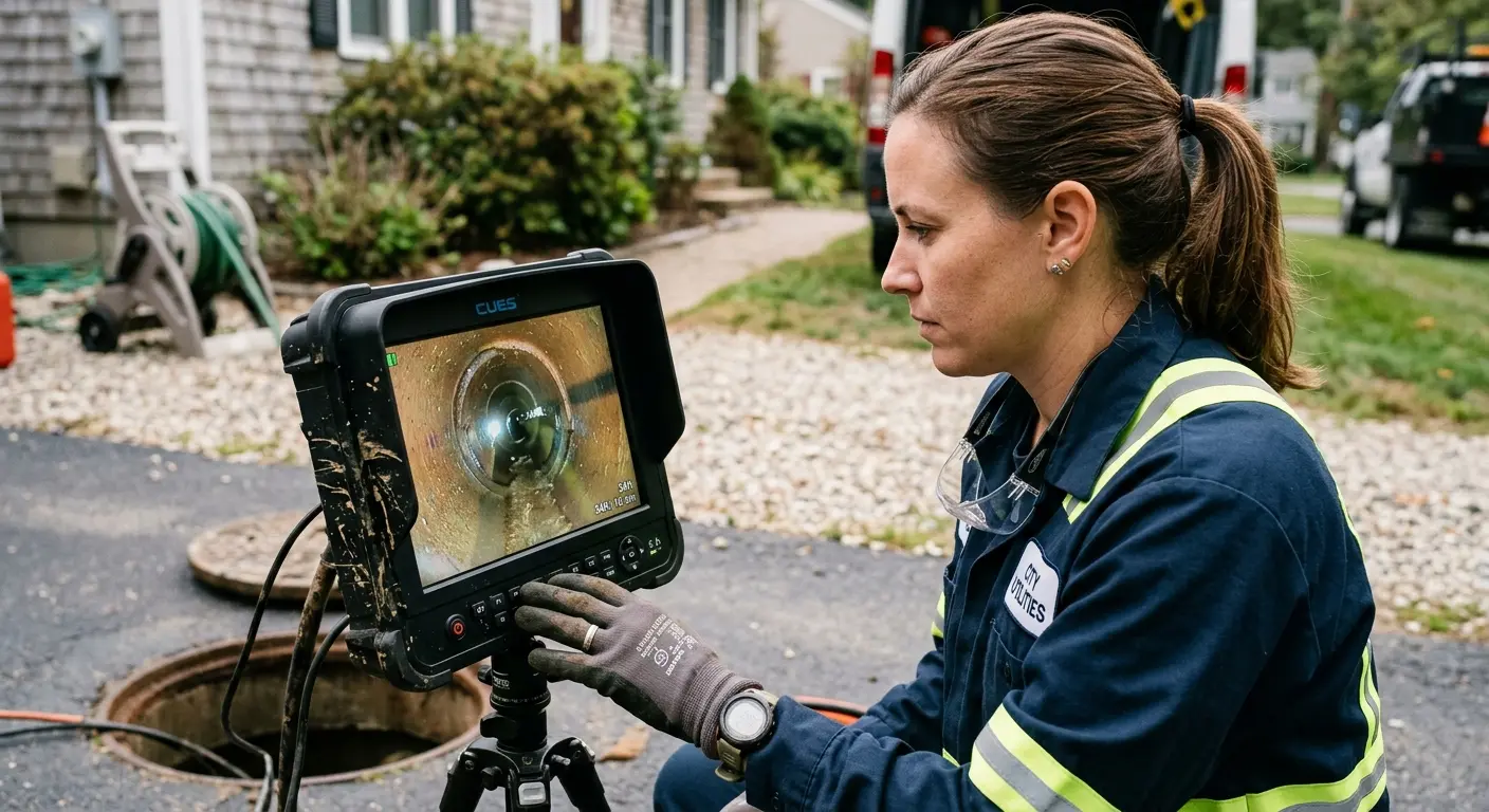 Technician reviewing sewer camera inspection footage in Spring Valley
