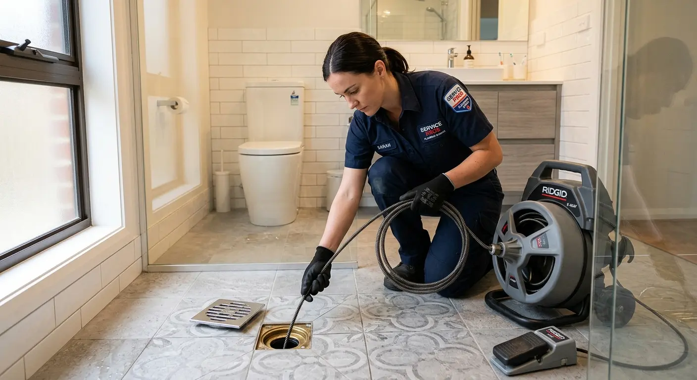 Technician clearing a bathroom floor drain for Sewer Line Installation in Spring Valley